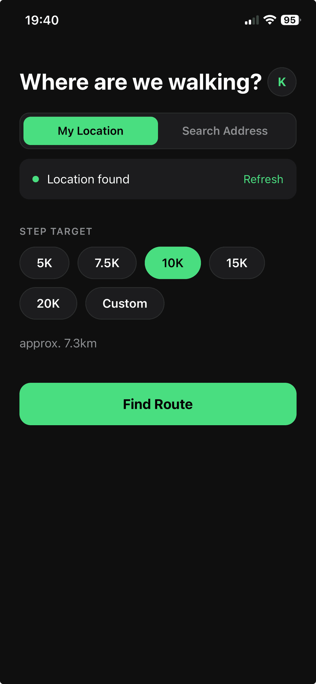 Walkr home — set your step target